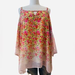 Floral Cold Shoulder Bell Sleeve Blouse